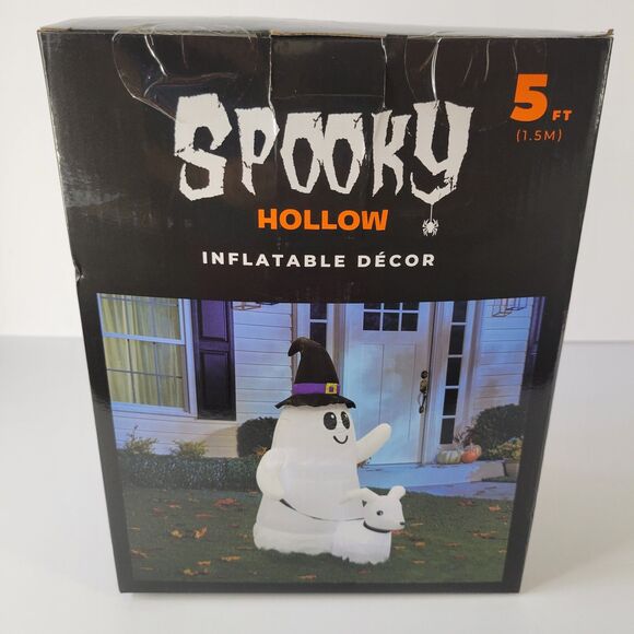 Halloween Outdoor Yard Inflatable 5ft Ghost Waving Walking Dog Spooky Witch Hat - Picture 3 of 10